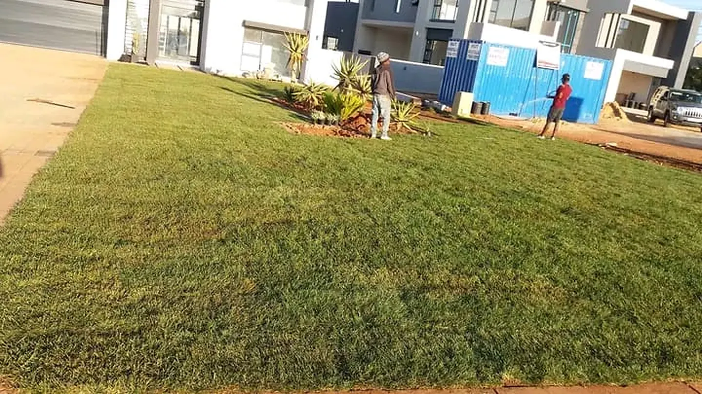 A wide instant lawn laid across the frontage of a residential complex